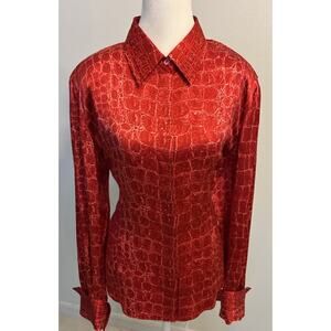 VTG Women's Red Crocodile 100% Silk Blouse Animal Print Shoulder Pads 80s Sz 14